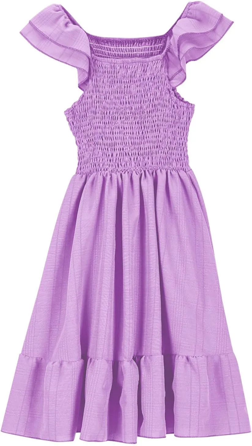 Summer Girl's Dresses Solid Square Neck Sleeveless Mini Dress Ruffle Waisted Fashion Loose Dress for Kids 3-13 Years