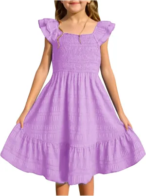 Summer Girl's Dresses Solid Square Neck Sleeveless Mini Dress Ruffle Waisted Fashion Loose Dress for Kids 3-13 Years