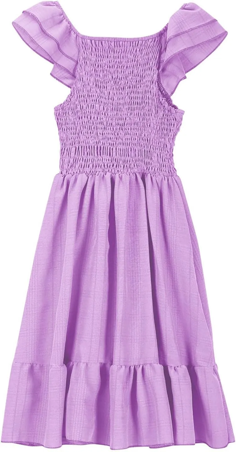 Summer Girl's Dresses Solid Square Neck Sleeveless Mini Dress Ruffle Waisted Fashion Loose Dress for Kids 3-13 Years