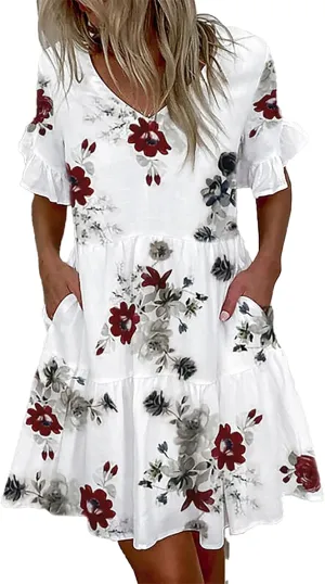Summer Leaf Leopard Ruffle Patchwork Dress Short Sleeve Mini Dress Party Beach Sundresses