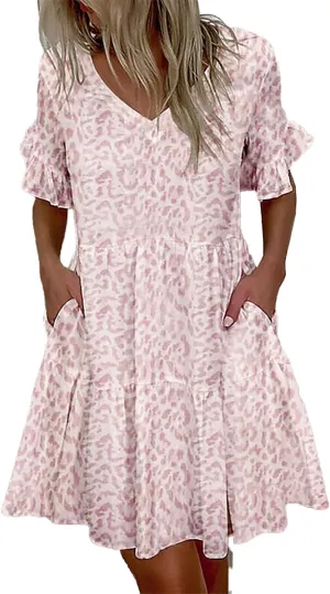 Summer Leaf Leopard Ruffle Patchwork Dress Short Sleeve Mini Dress Party Beach Sundresses