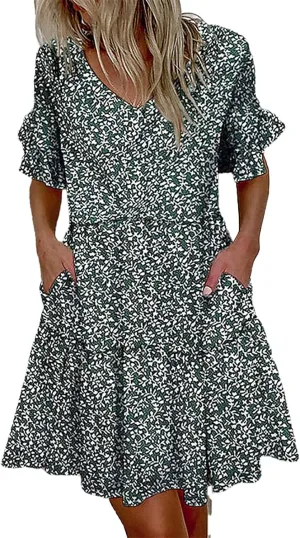 Summer Leaf Leopard Ruffle Patchwork Dress Short Sleeve Mini Dress Party Beach Sundresses