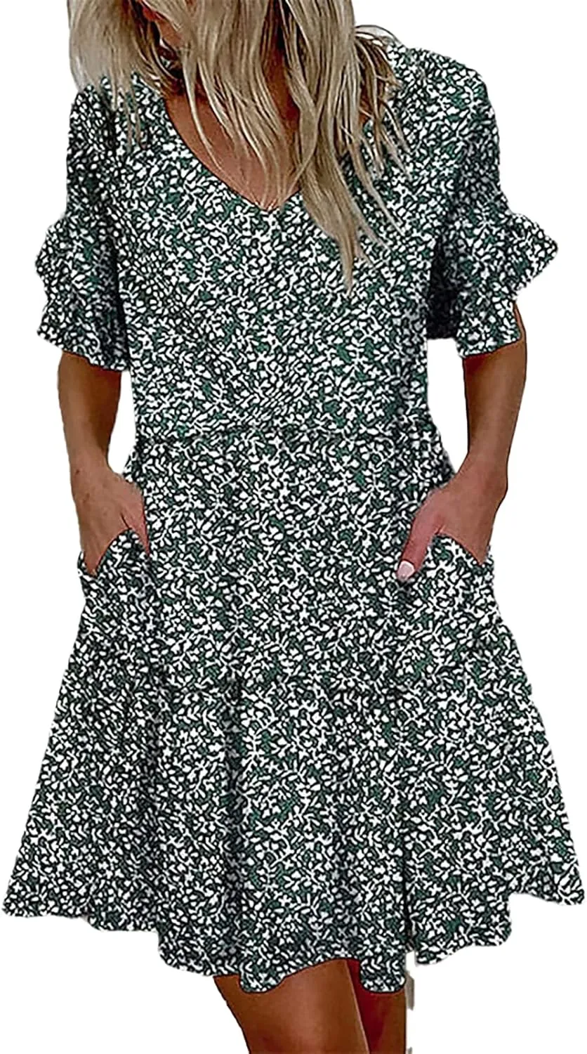 Summer Leaf Leopard Ruffle Patchwork Dress Short Sleeve Mini Dress Party Beach Sundresses
