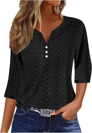 Summer Tops for Women 2025 Trendy 3/4 Sleeve v Neck Eyelet Shirts Dressy Casual Holiday Vacation Tunic Blouses