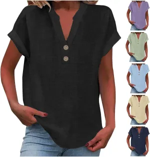 Summer Tops for Women 2025 Trendy Short Sleeve Cotton Linen Shirt Casual Button v Neck Tunic Blouses Outfits