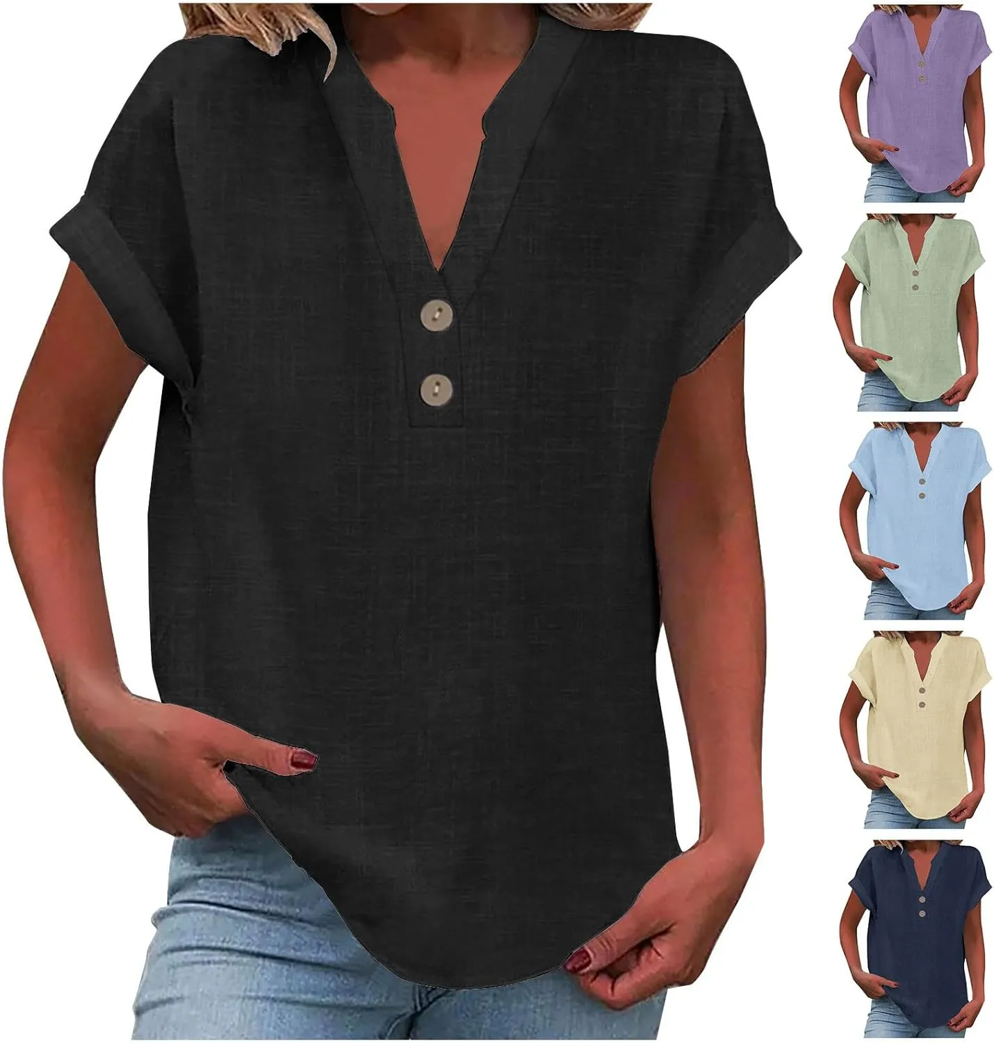 Summer Tops for Women 2025 Trendy Short Sleeve Cotton Linen Shirt Casual Button v Neck Tunic Blouses Outfits