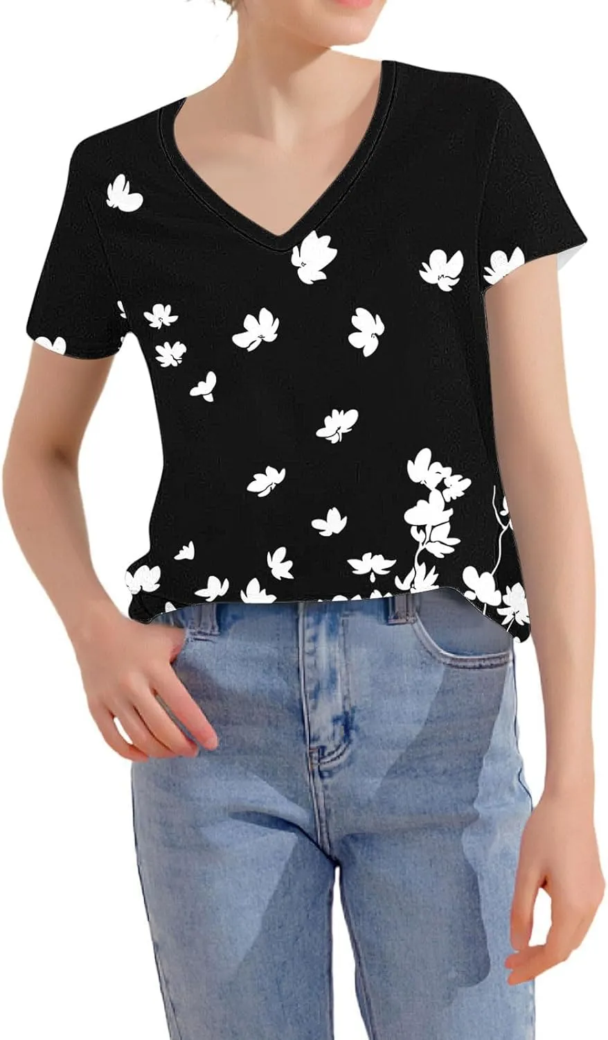 Summer Tops for Women 2025 Trendy V Neck Short Sleeve T Shirts Dressy Casual Blouses Cute Print Tees Vacation Outfits