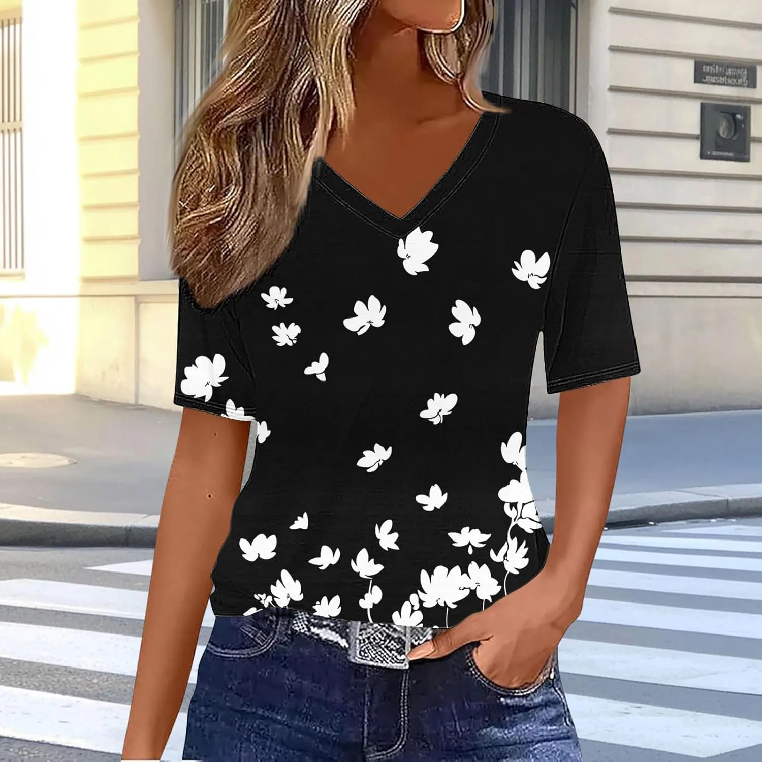 Summer Tops for Women 2025 Trendy V Neck Short Sleeve T Shirts Dressy Casual Blouses Cute Print Tees Vacation Outfits