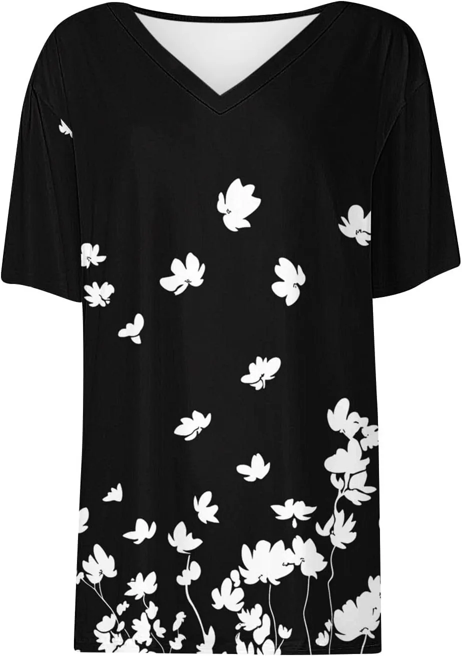 Summer Tops for Women 2025 Trendy V Neck Short Sleeve T Shirts Dressy Casual Blouses Cute Print Tees Vacation Outfits