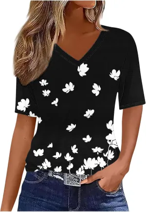 Summer Tops for Women 2025 Trendy V Neck Short Sleeve T Shirts Dressy Casual Blouses Cute Print Tees Vacation Outfits