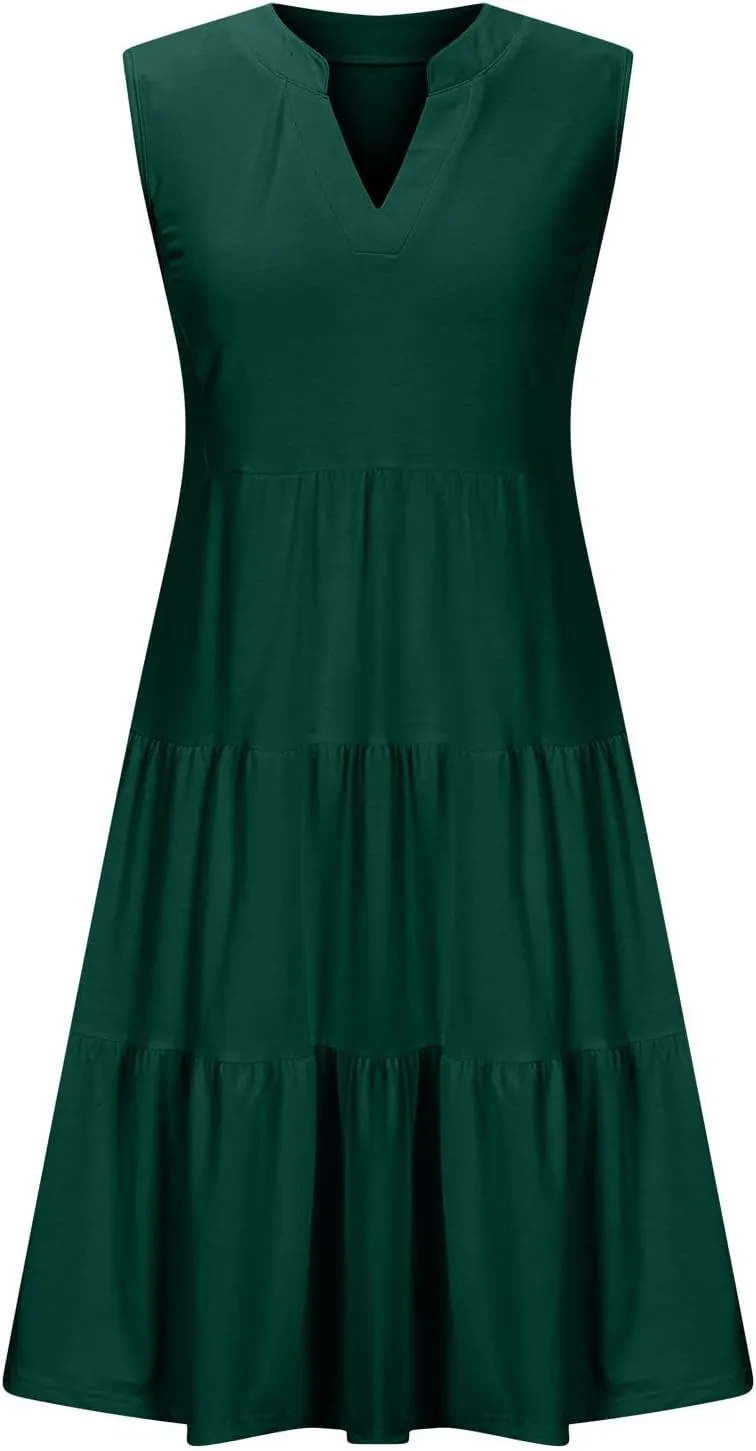 Sundresses for Women 2025 Mini Dress Summer Casual Dresses Sexy Sleeveless V Neck Dress Ruffle Vacation Beach Dresses