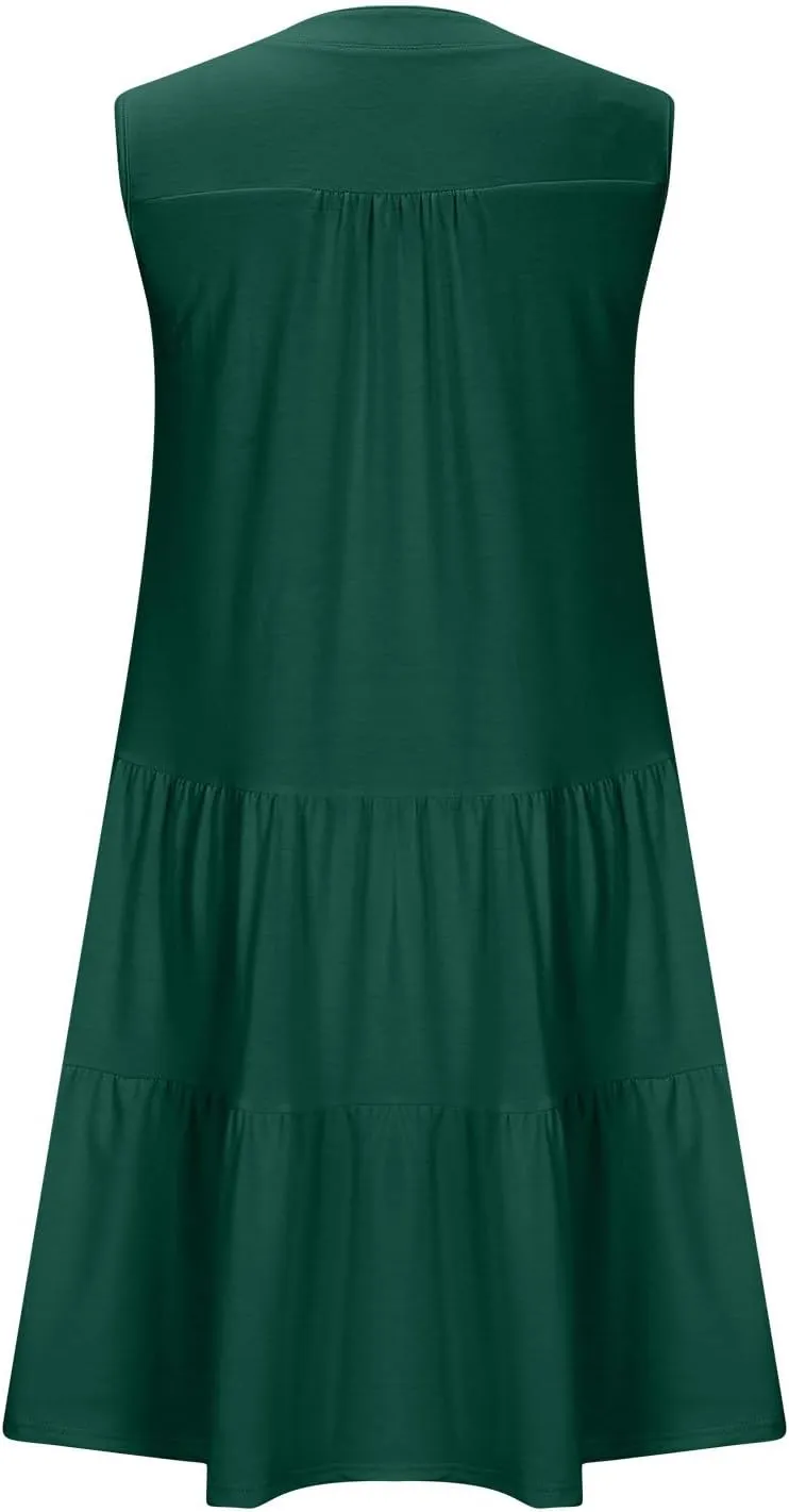 Sundresses for Women 2025 Mini Dress Summer Casual Dresses Sexy Sleeveless V Neck Dress Ruffle Vacation Beach Dresses
