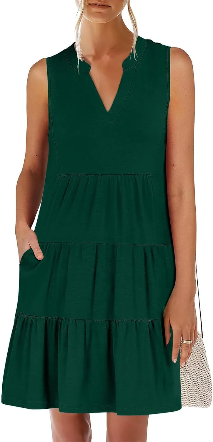 Sundresses for Women 2025 Mini Dress Summer Casual Dresses Sexy Sleeveless V Neck Dress Ruffle Vacation Beach Dresses
