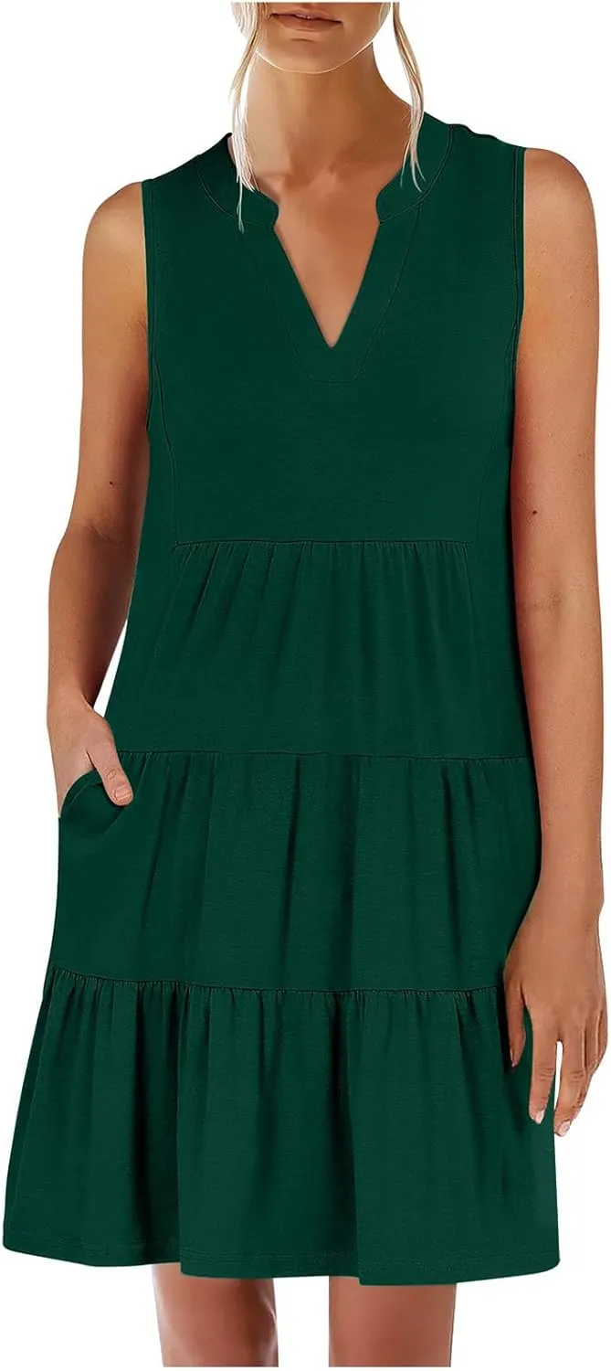 Sundresses for Women 2025 Mini Dress Summer Casual Dresses Sexy Sleeveless V Neck Dress Ruffle Vacation Beach Dresses