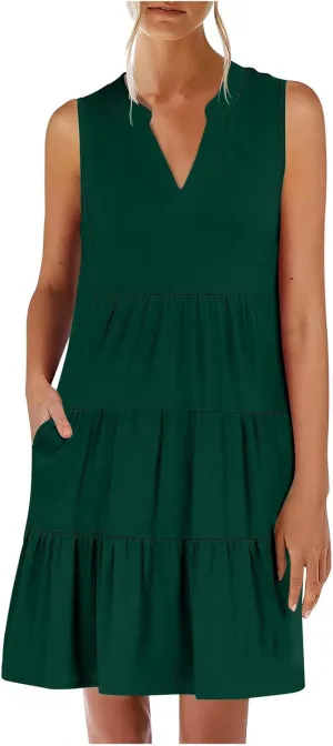 Sundresses for Women 2025 Mini Dress Summer Casual Dresses Sexy Sleeveless V Neck Dress Ruffle Vacation Beach Dresses