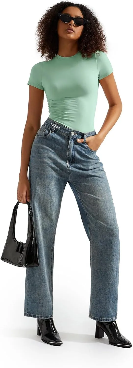SUUKSESS Women Double Lined Fitted Basic Tee Crew Neck Short Sleeve Y2K Crop Top