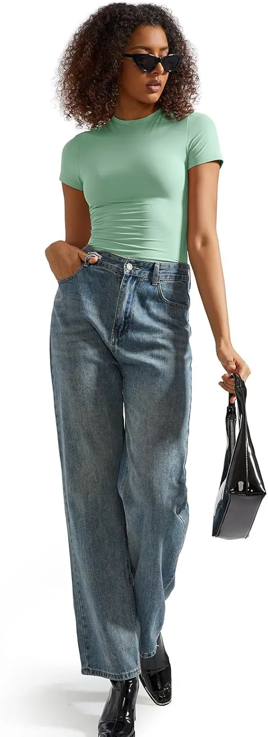 SUUKSESS Women Double Lined Fitted Basic Tee Crew Neck Short Sleeve Y2K Crop Top