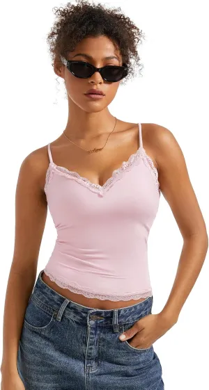 SUUKSESS Women Padded Lace Double Lined Tank Tops Sexy V Neck Summer Going Out Top
