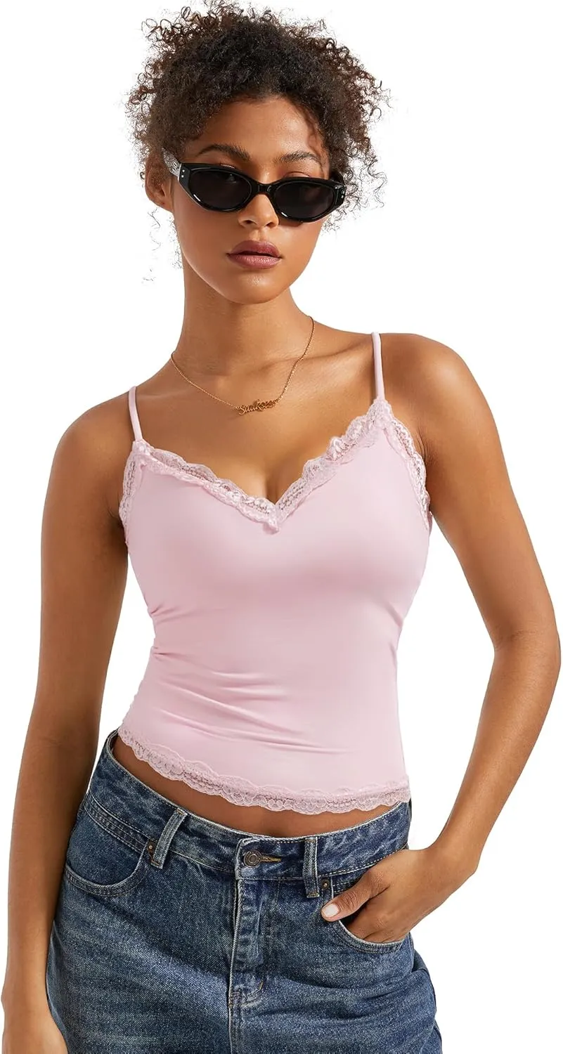 SUUKSESS Women Padded Lace Double Lined Tank Tops Sexy V Neck Summer Going Out Top