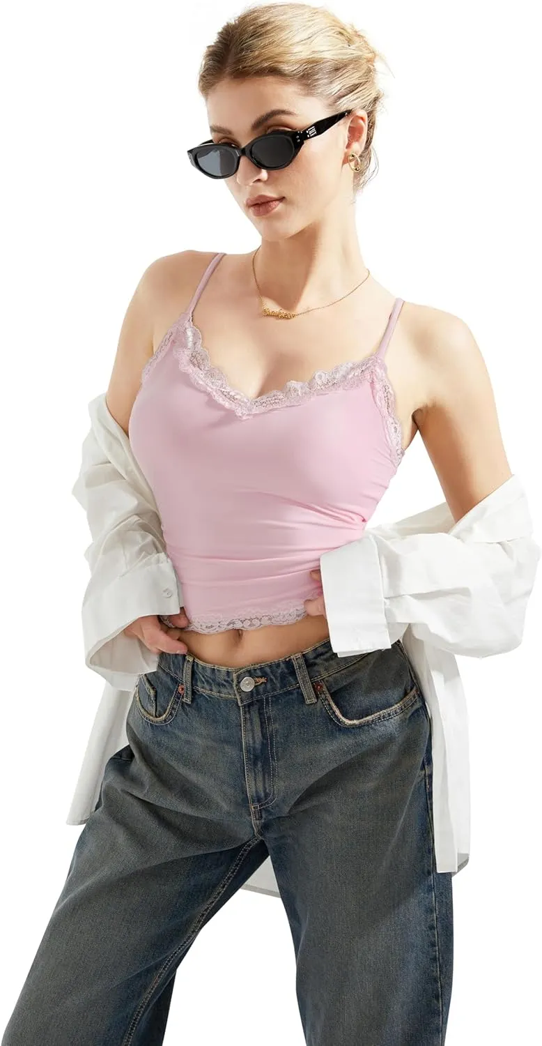 SUUKSESS Women Padded Lace Double Lined Tank Tops Sexy V Neck Summer Going Out Top