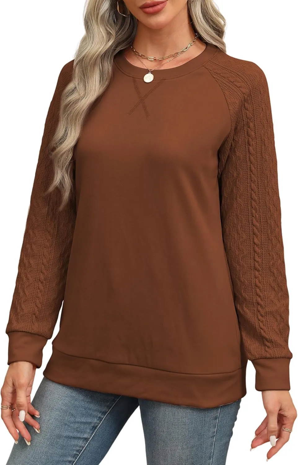 Sweatshirt for Women Crewneck 2025 Fashion Cable Knit Long Sleeve Loose Lightweight Sweater Fall Pullover Blouses Top