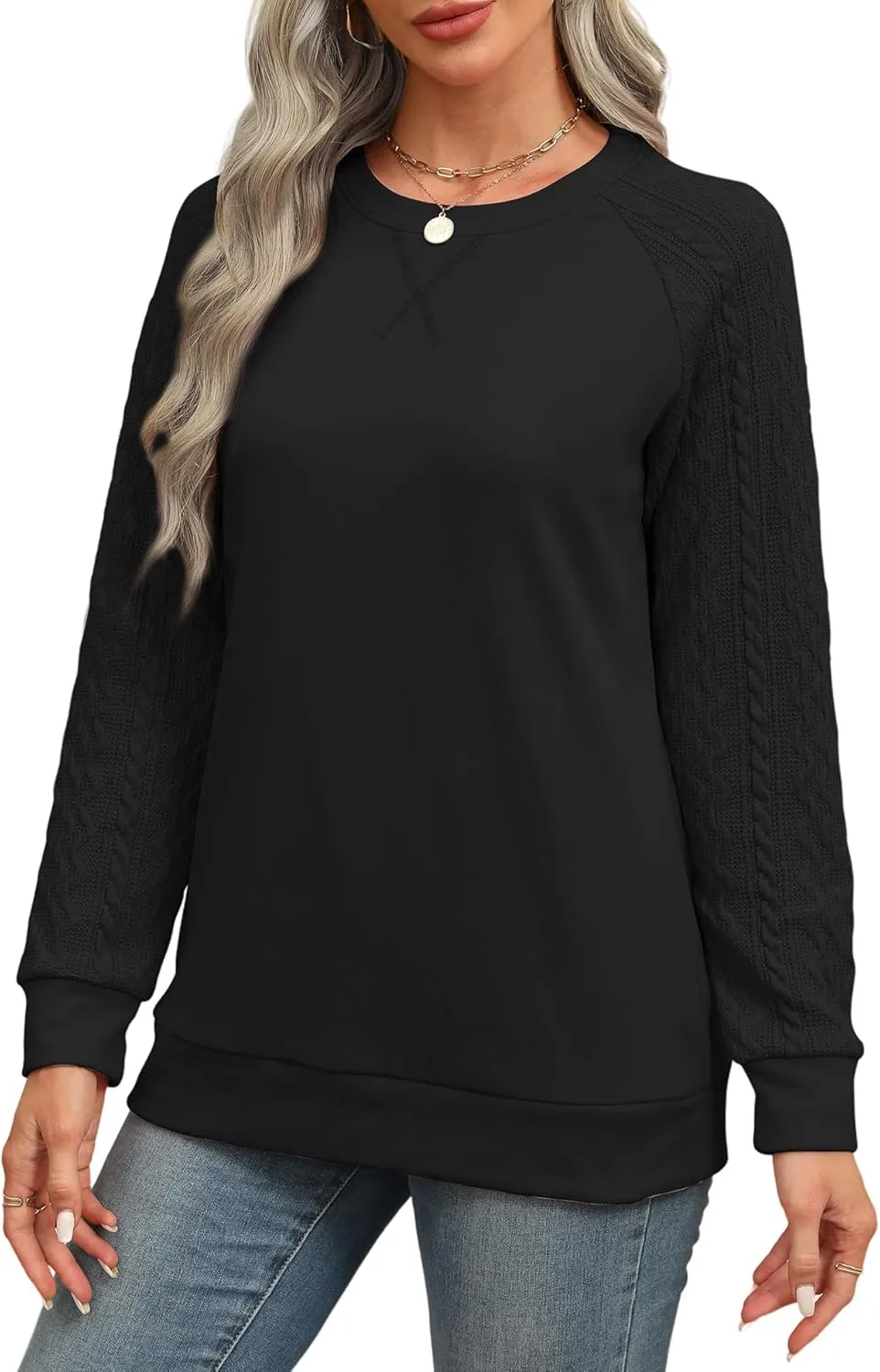 Sweatshirt for Women Crewneck 2025 Fashion Cable Knit Long Sleeve Loose Lightweight Sweater Fall Pullover Blouses Top