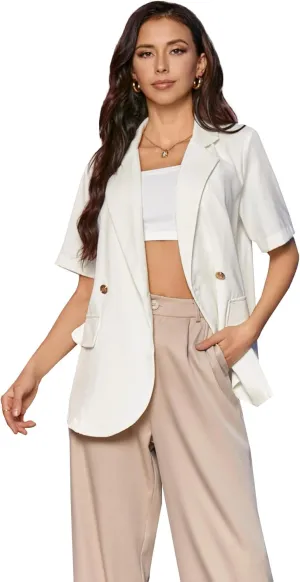 SweatyRocks Women's Casual Blazer Short Sleeve Open Front Notch Lapel Loose Work Office Suit Blazer Jackets