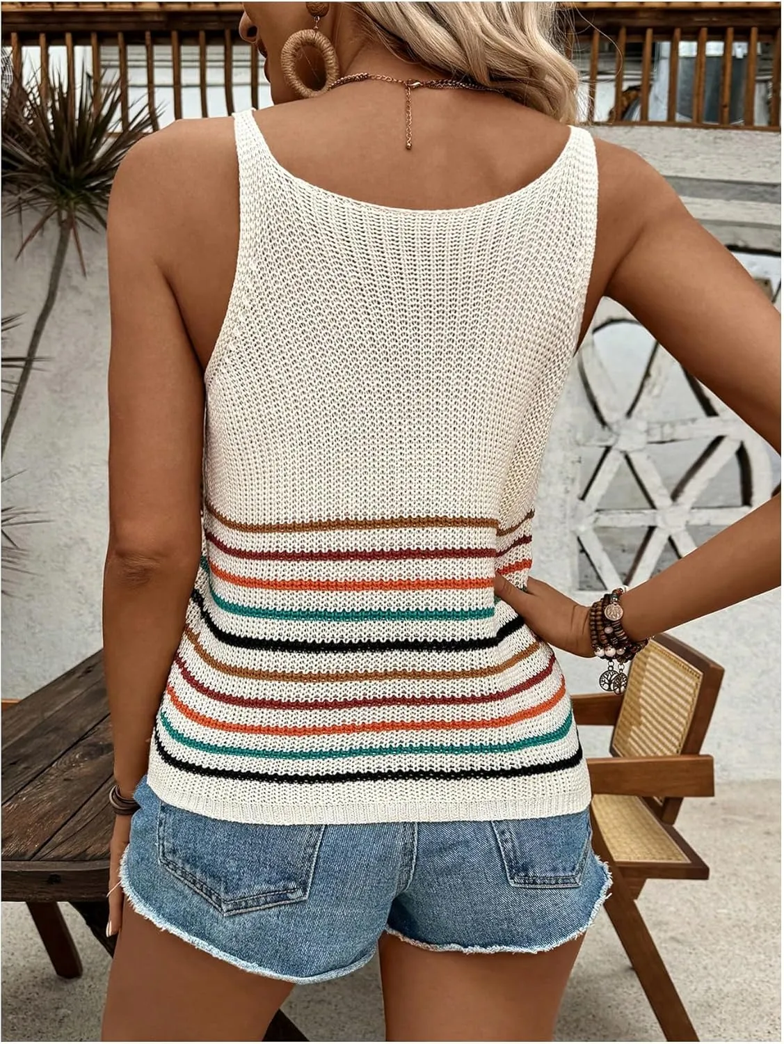 SweatyRocks Women's Colorful Striped V Neck Knitted Cami Tops Sleeveless Spaghetti Strap Tank Tops