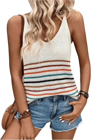 SweatyRocks Women's Colorful Striped V Neck Knitted Cami Tops Sleeveless Spaghetti Strap Tank Tops