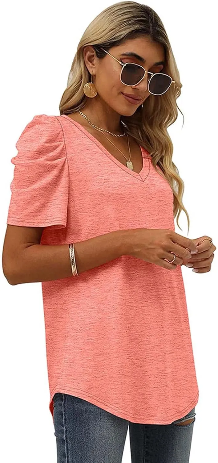 T Shirt Top Blouses for Women Dressy Casual, Gathered Panel V-Neck Short Sleeve Business Work Tees Shirts.