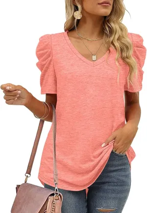 T Shirt Top Blouses for Women Dressy Casual, Gathered Panel V-Neck Short Sleeve Business Work Tees Shirts.