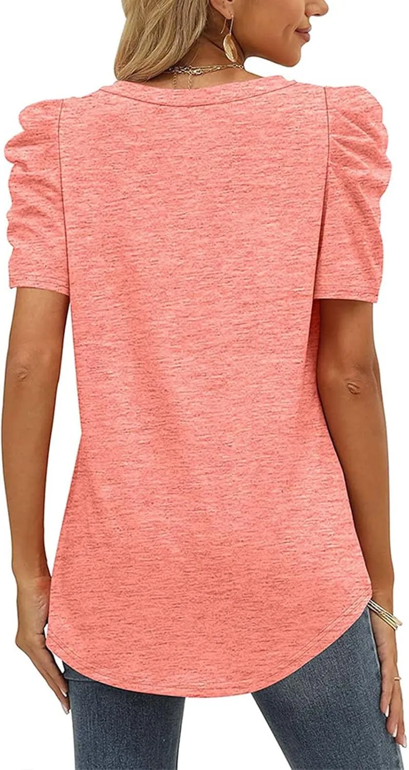 T Shirt Top Blouses for Women Dressy Casual, Gathered Panel V-Neck Short Sleeve Business Work Tees Shirts.