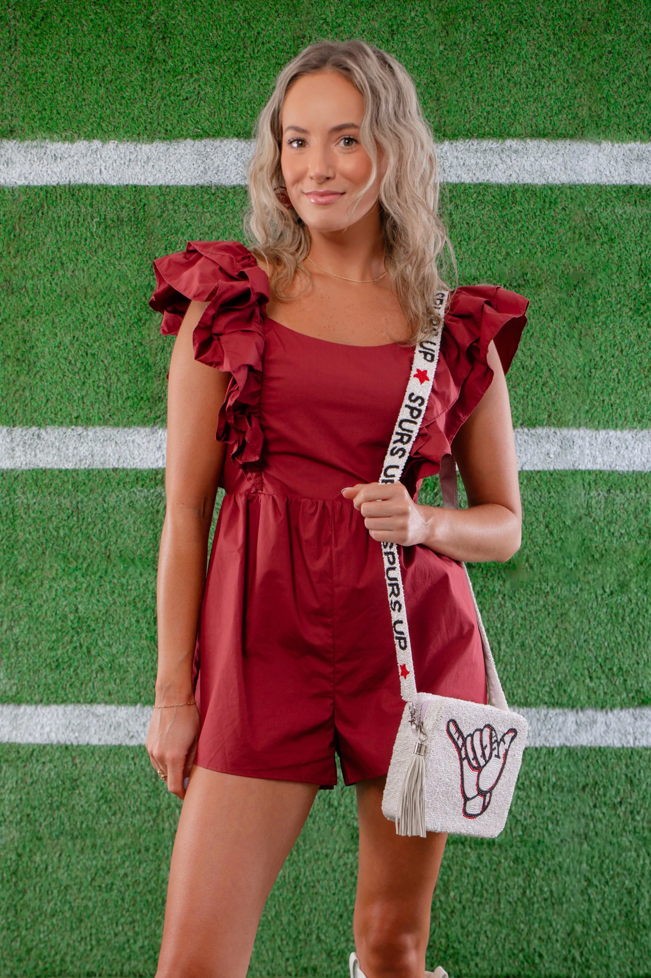 Tailgate Party Garnet Ruffle Sleeve Romper