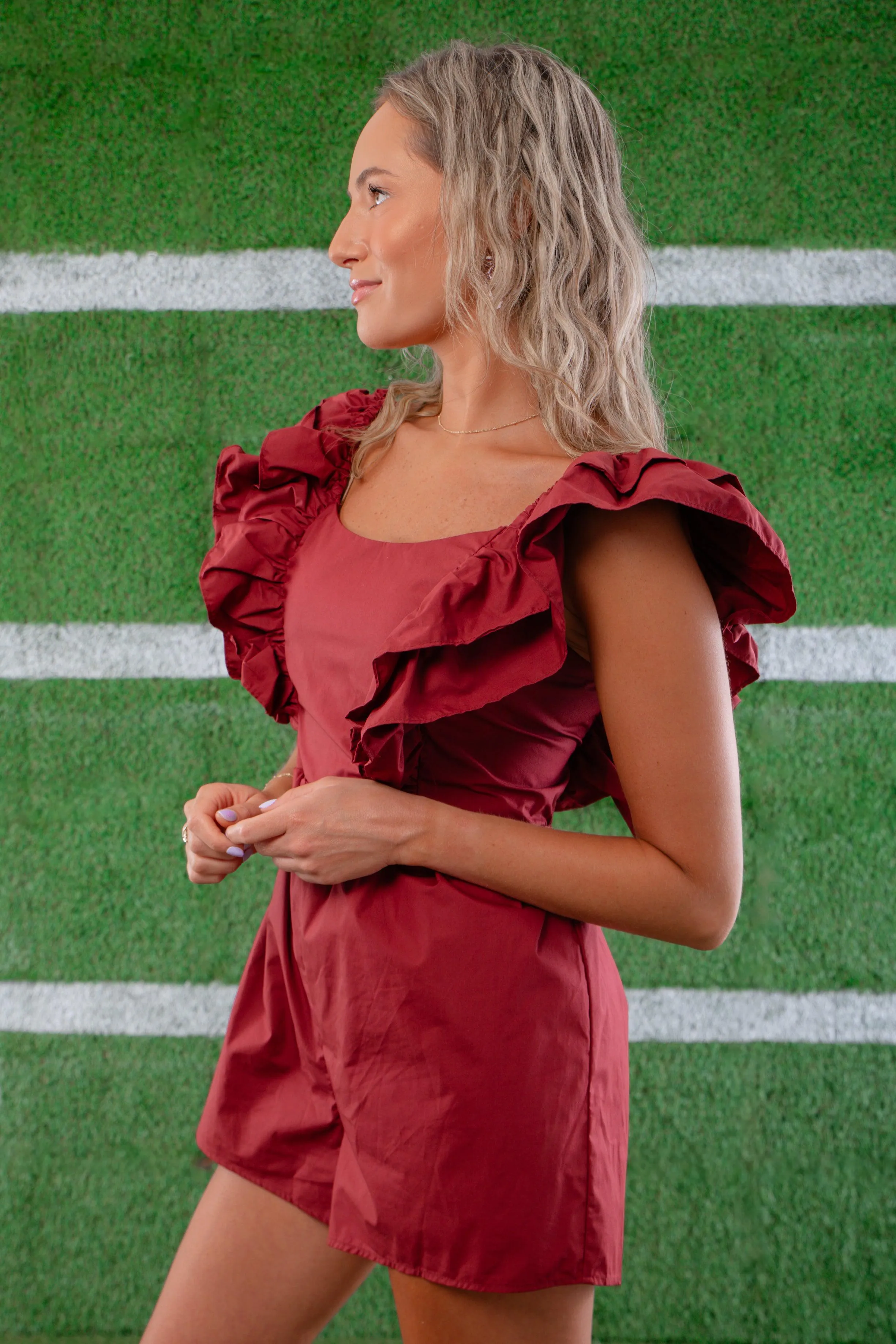 Tailgate Party Garnet Ruffle Sleeve Romper