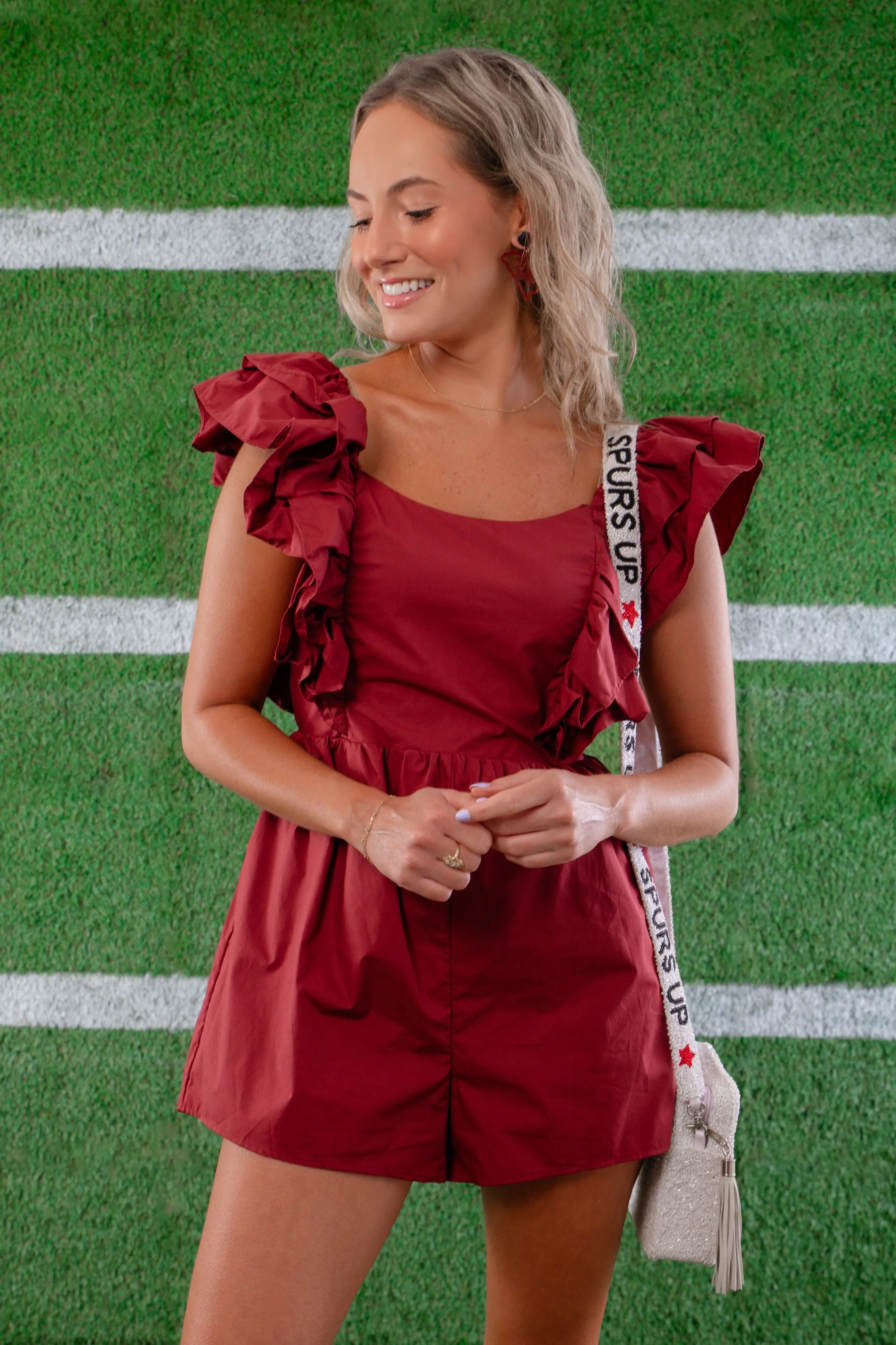 Tailgate Party Garnet Ruffle Sleeve Romper