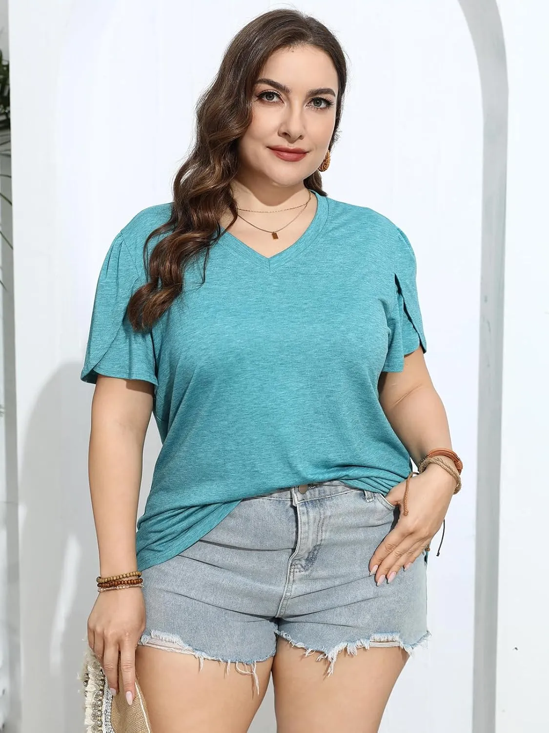 TAKEYAL Women's Plus Size T Shirts Petal Sleeve V Neck Tee Tops Summer Cute Baggy Casual Blouses XL-5XL 2024