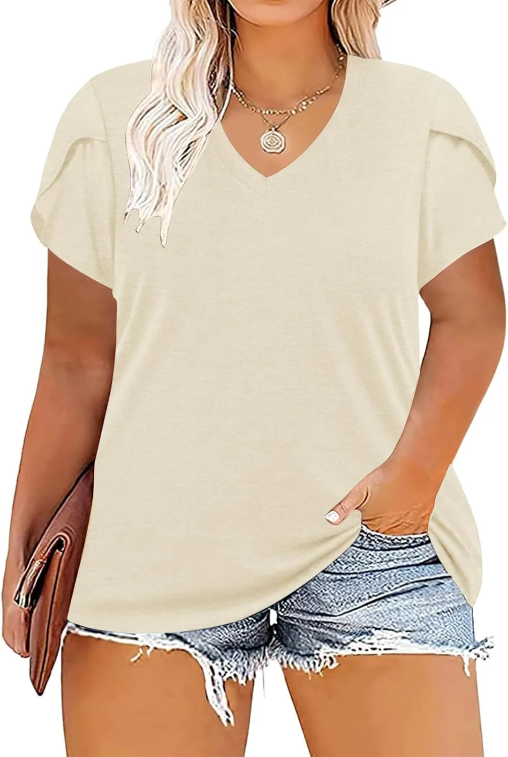 TAKEYAL Women's Plus Size T Shirts Petal Sleeve V Neck Tee Tops Summer Cute Baggy Casual Blouses XL-5XL 2024