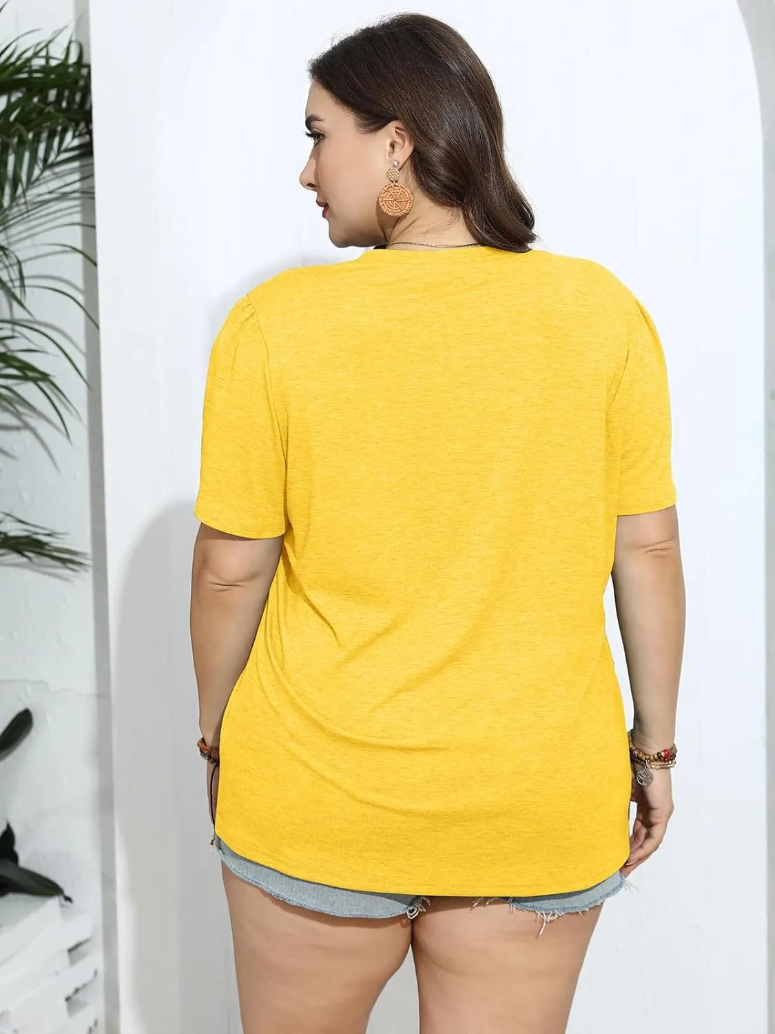 TAKEYAL Women's Plus Size T Shirts Petal Sleeve V Neck Tee Tops Summer Cute Baggy Casual Blouses XL-5XL 2024