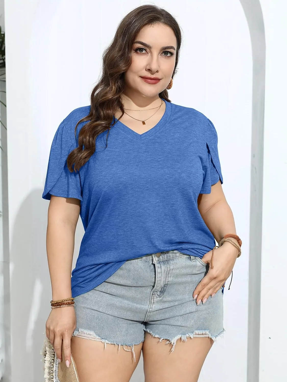 TAKEYAL Women's Plus Size T Shirts Petal Sleeve V Neck Tee Tops Summer Cute Baggy Casual Blouses XL-5XL 2024