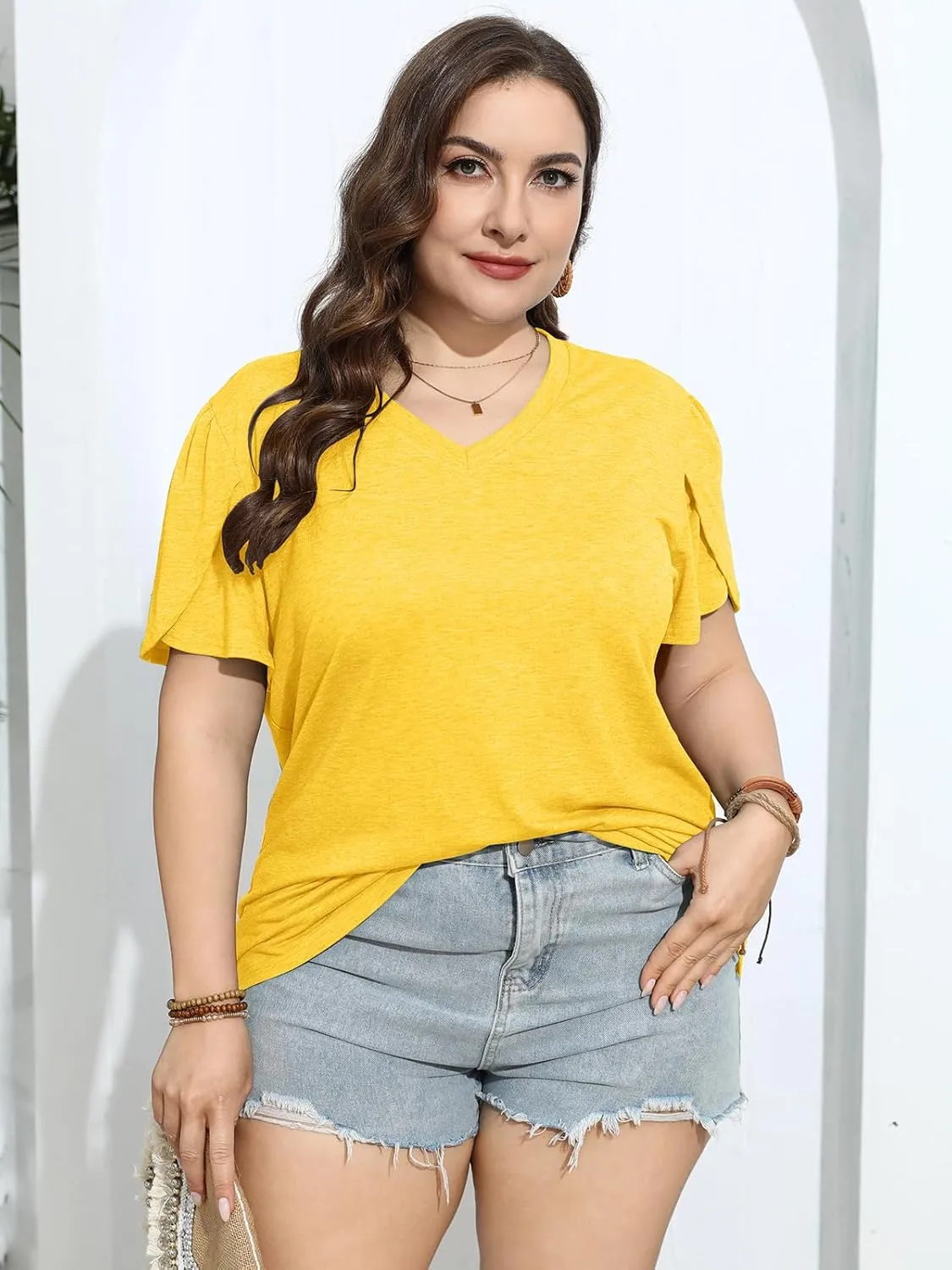 TAKEYAL Women's Plus Size T Shirts Petal Sleeve V Neck Tee Tops Summer Cute Baggy Casual Blouses XL-5XL 2024