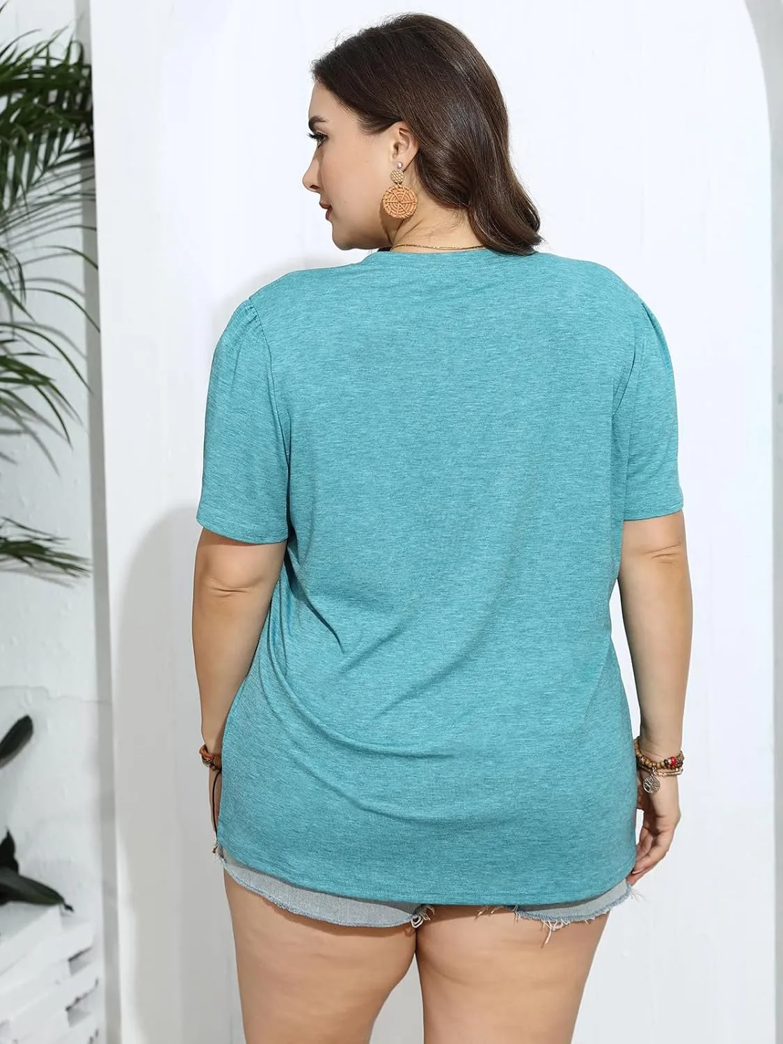 TAKEYAL Women's Plus Size T Shirts Petal Sleeve V Neck Tee Tops Summer Cute Baggy Casual Blouses XL-5XL 2024