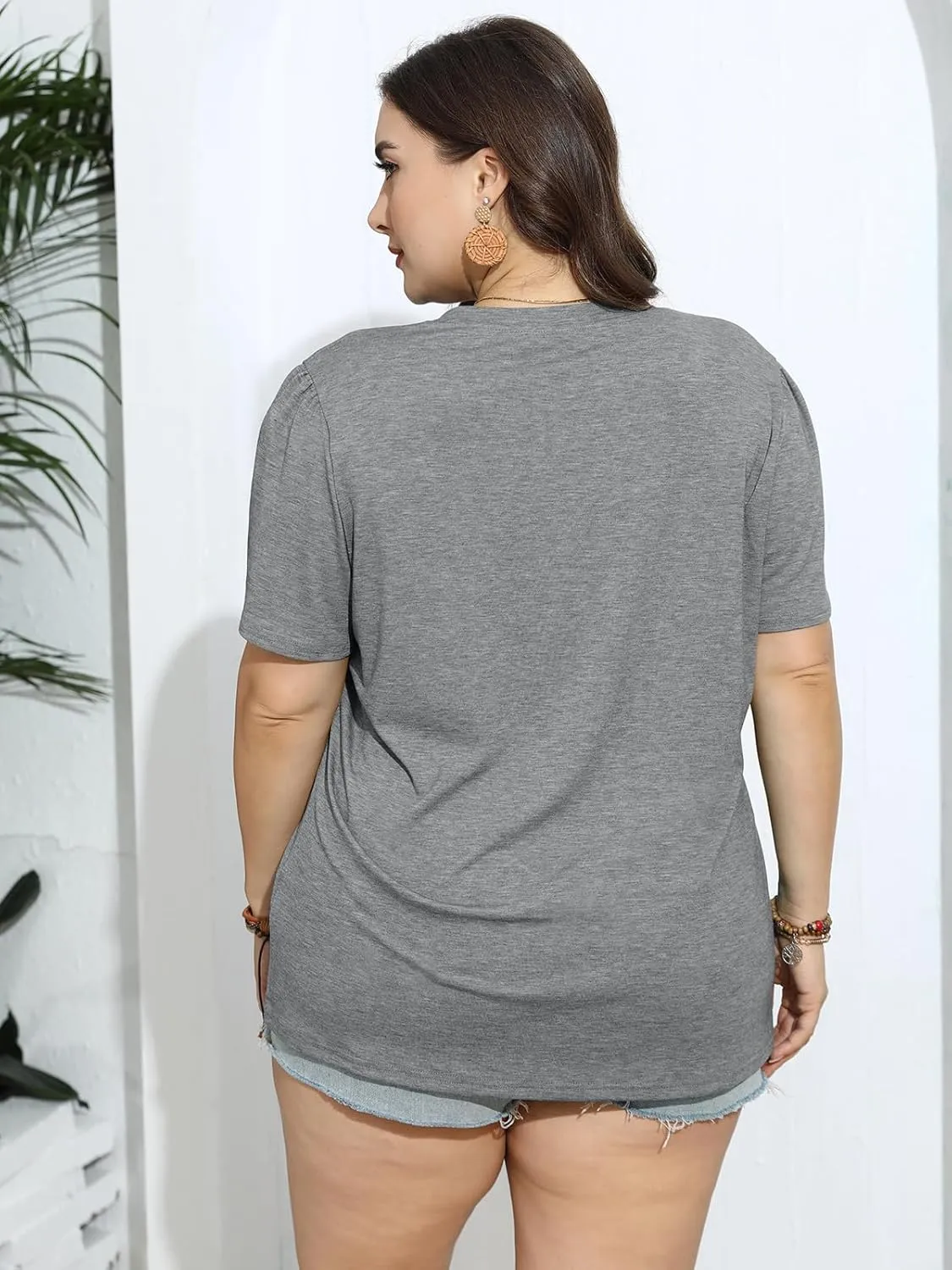 TAKEYAL Women's Plus Size T Shirts Petal Sleeve V Neck Tee Tops Summer Cute Baggy Casual Blouses XL-5XL 2024