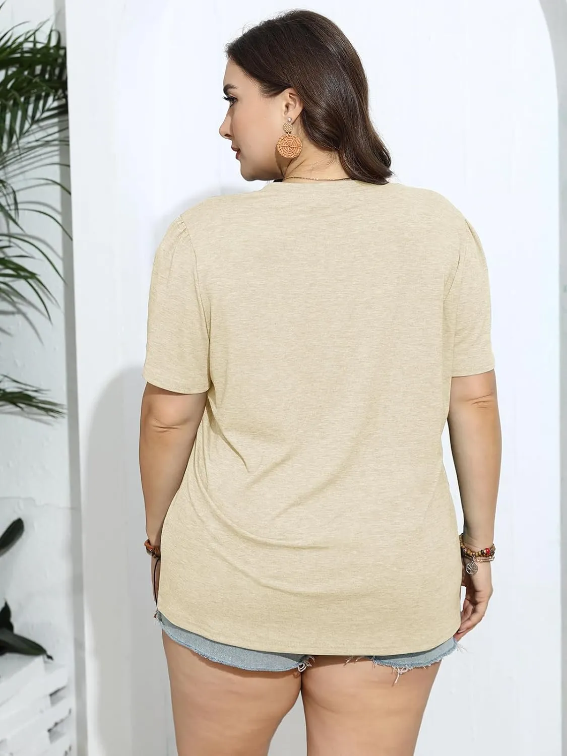 TAKEYAL Women's Plus Size T Shirts Petal Sleeve V Neck Tee Tops Summer Cute Baggy Casual Blouses XL-5XL 2024