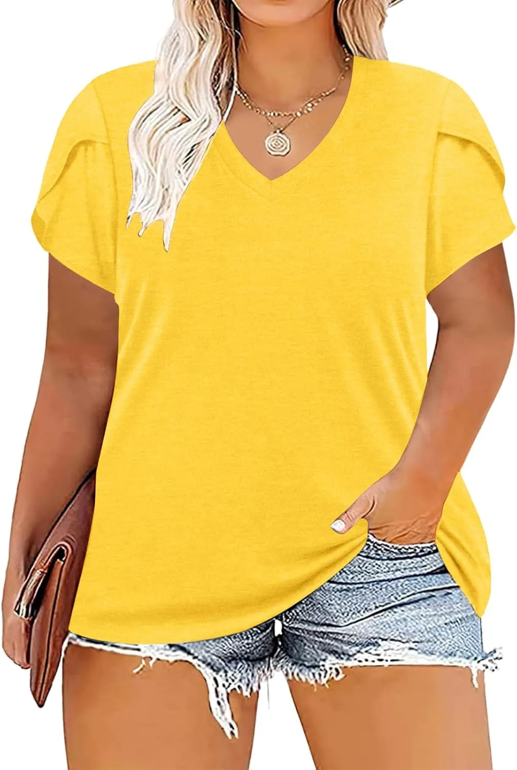 TAKEYAL Women's Plus Size T Shirts Petal Sleeve V Neck Tee Tops Summer Cute Baggy Casual Blouses XL-5XL 2024