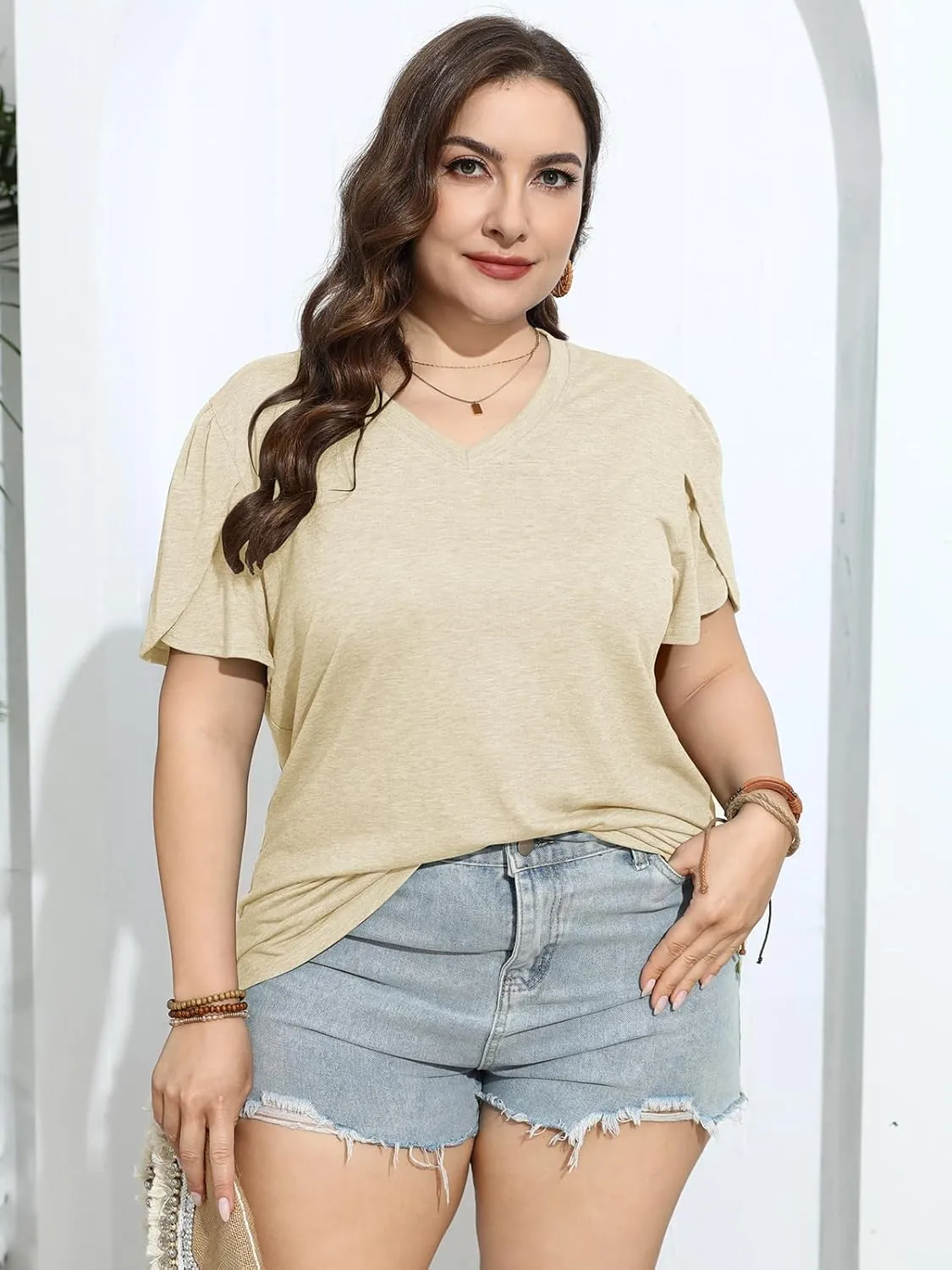 TAKEYAL Women's Plus Size T Shirts Petal Sleeve V Neck Tee Tops Summer Cute Baggy Casual Blouses XL-5XL 2024