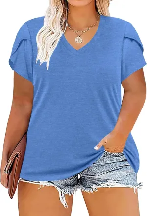 TAKEYAL Women's Plus Size T Shirts Petal Sleeve V Neck Tee Tops Summer Cute Baggy Casual Blouses XL-5XL 2024