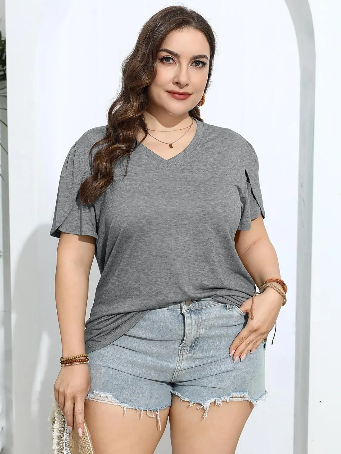 TAKEYAL Women's Plus Size T Shirts Petal Sleeve V Neck Tee Tops Summer Cute Baggy Casual Blouses XL-5XL 2024