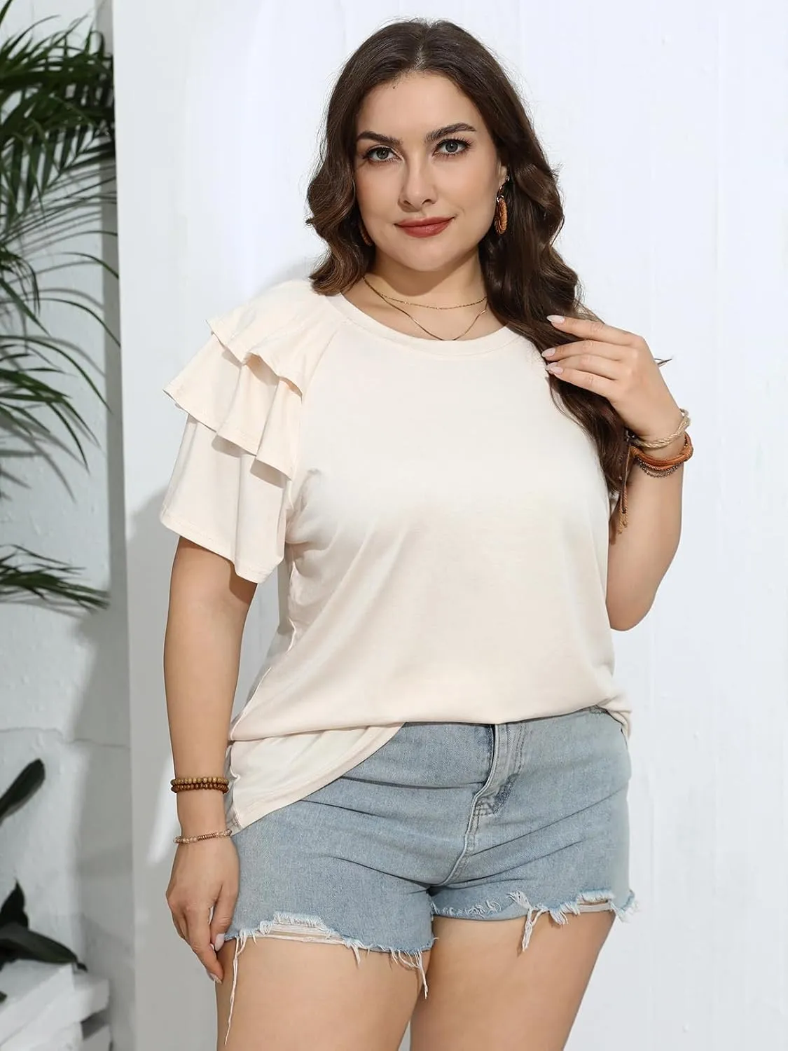 TAKEYAL Womens Plus Size Tops Ruffle Short Sleeve Crew Neck Solid T Shirts Casual Blouses Tunic Top 1XL-5XL