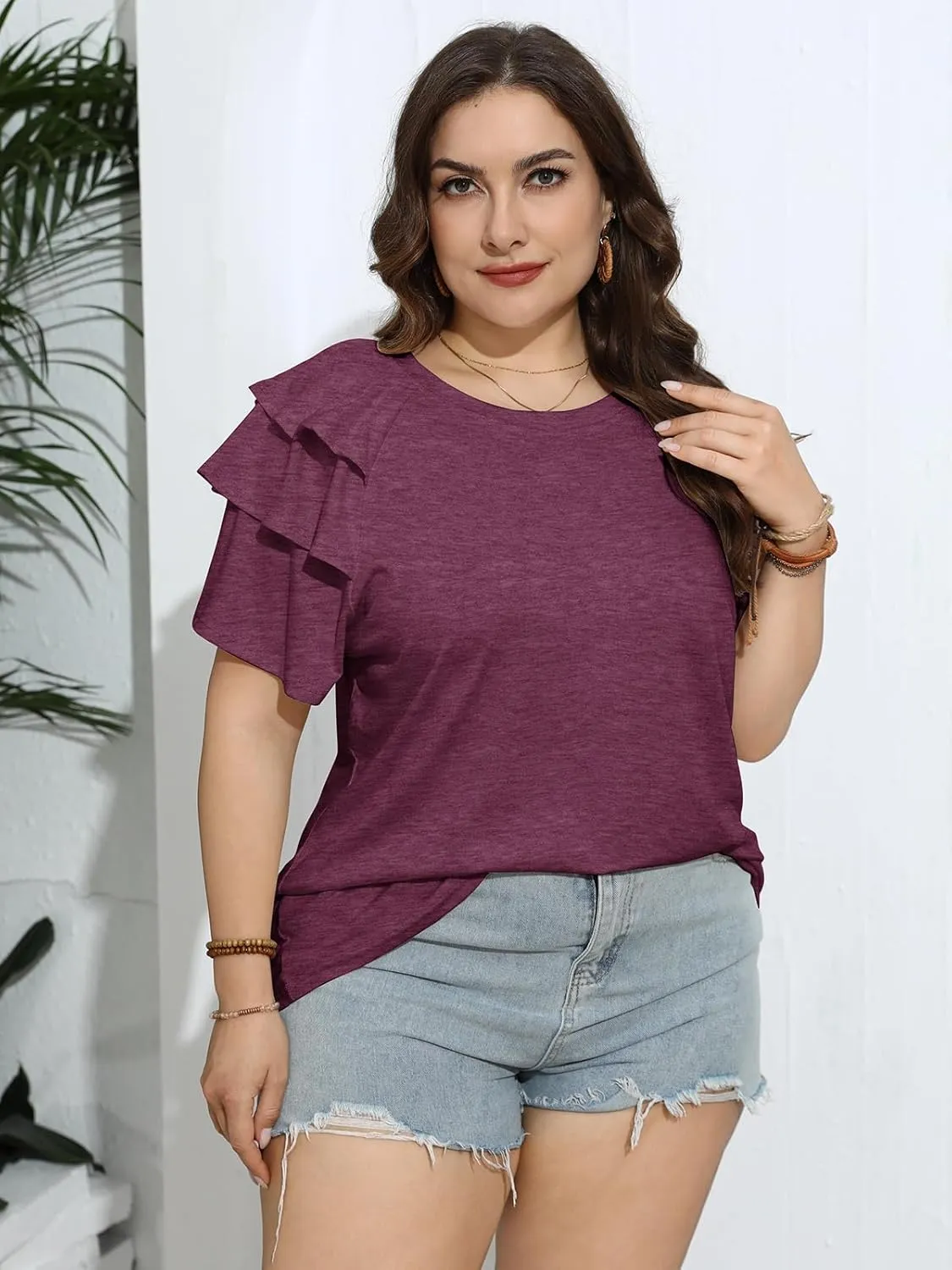 TAKEYAL Womens Plus Size Tops Ruffle Short Sleeve Crew Neck Solid T Shirts Casual Blouses Tunic Top 1XL-5XL