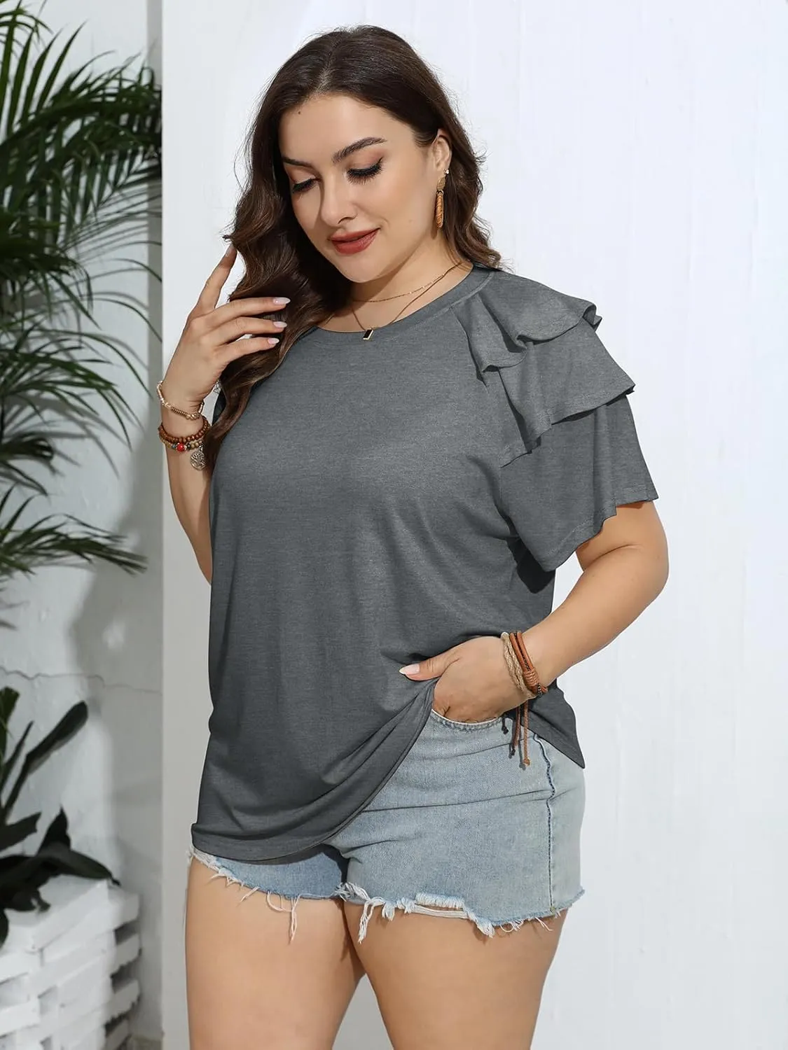 TAKEYAL Womens Plus Size Tops Ruffle Short Sleeve Crew Neck Solid T Shirts Casual Blouses Tunic Top 1XL-5XL